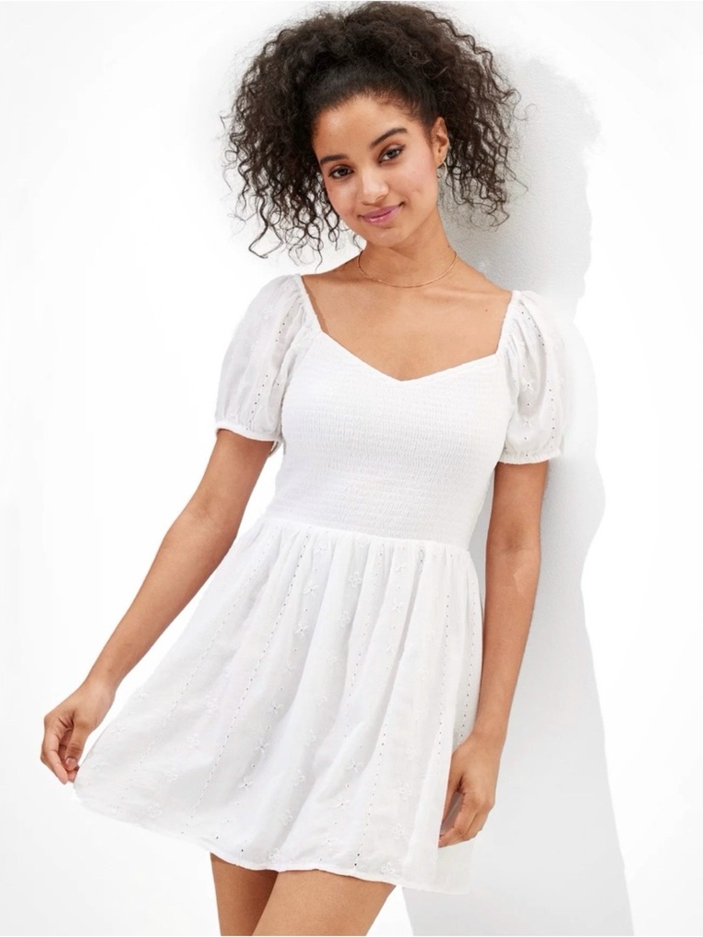 American eagle AE white Eyelet Puff-Sleeve smocked Mini Dress NWOT Small